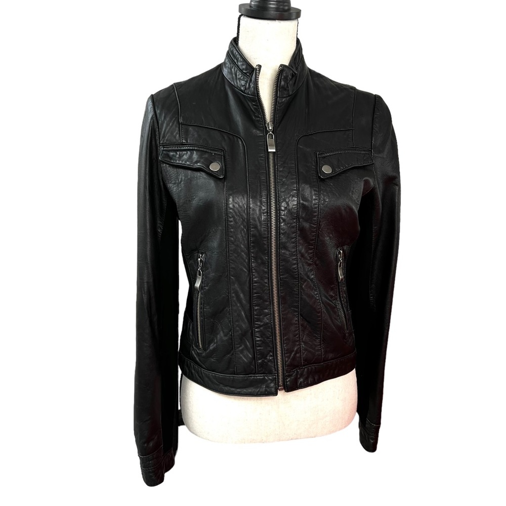 Bernardo Black Leather Stretch Side Panels Moto Zippers Jacket Small